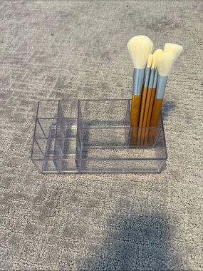 Clear Acrylic Makeup Organizer - Multi-Compartment Tray w/ Makeup Brushes